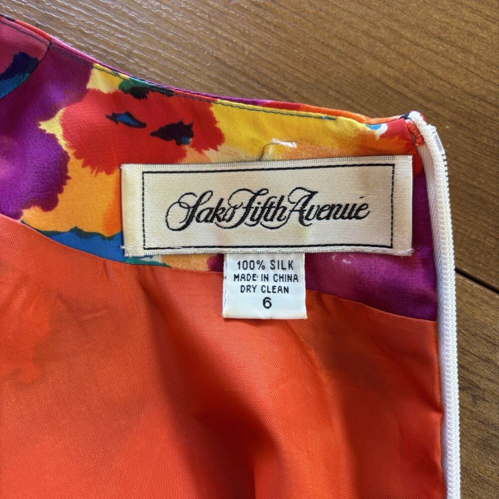 VTG 80s 90s Saks Fifth Avenue Womens 6 Silk Bright Abstract Floral Sheath Dress - Picture 4 of 9